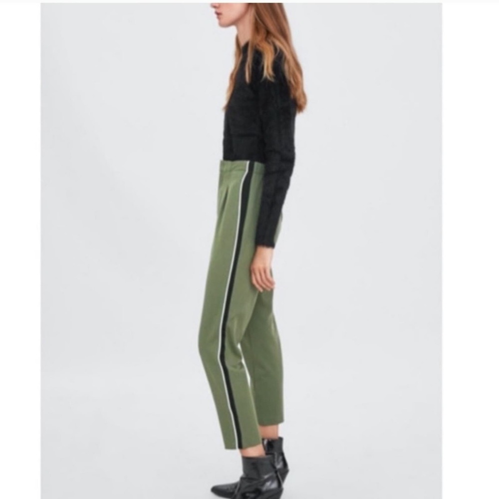 Zara Olive Green & Black Racing Stripe High Rise Skinny Leg Trouser Pants